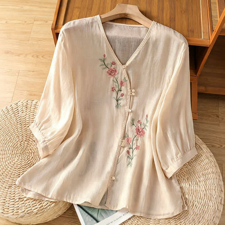 Buddha Stones Sommerliche Damenblusen im Vintage-Stil mit floraler Stickerei und Ellbogenlänge von Tang Style - Beige - US8-10, UK/AU12-14, EU40-42 (2XL) - image 12