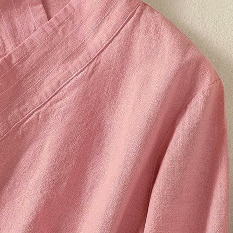 Buddha Stones Lässiges Langarmshirt im Tang-Stil für Damen, einfarbig, mit V-Ausschnitt und Kordelzug, ideal für Frühling und Sommer. - image 10