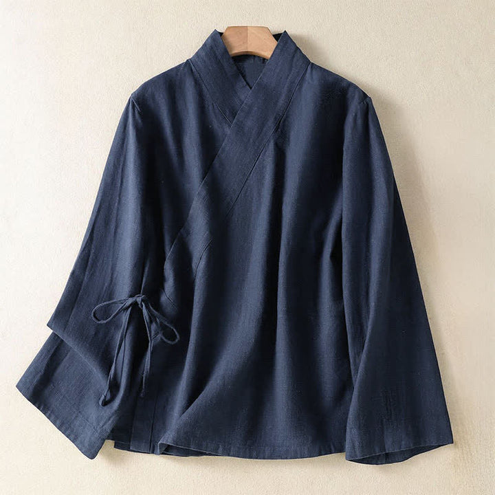 Buddha Stones Lässiges Langarmshirt im Tang-Stil für Damen, einfarbig, mit V-Ausschnitt und Kordelzug, ideal für Frühling und Sommer. - Mitternachtsblau - US12, UK/AU16, EU44 (3XL) - image 0