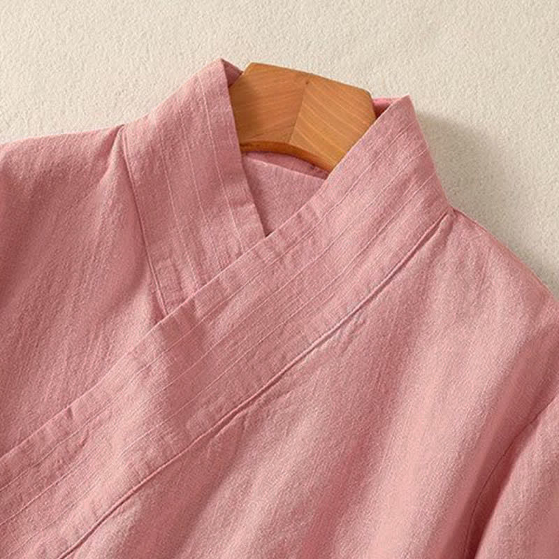 Buddha Stones Lässiges Langarmshirt im Tang-Stil für Damen, einfarbig, mit V-Ausschnitt und Kordelzug, ideal für Frühling und Sommer. - image 8