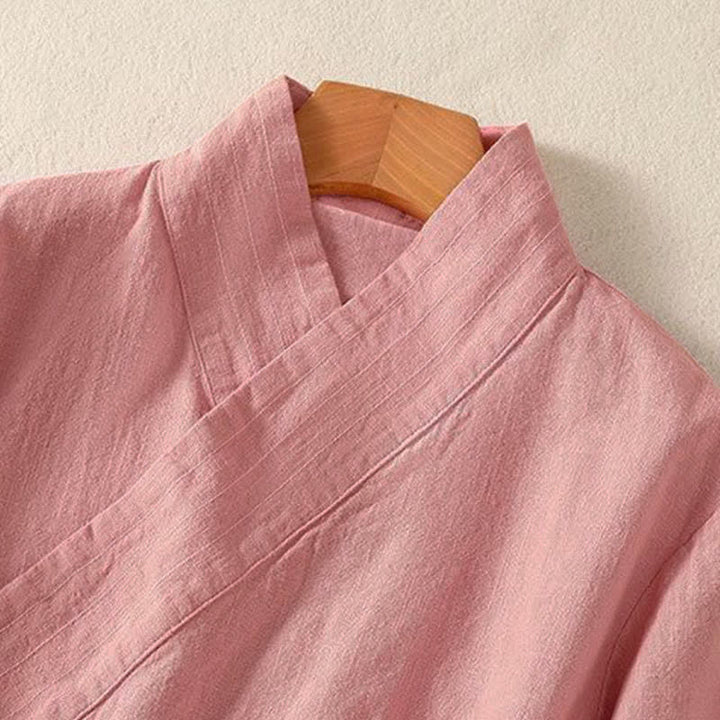 Buddha Stones Lässiges Langarmshirt im Tang-Stil für Damen, einfarbig, mit V-Ausschnitt und Kordelzug, ideal für Frühling und Sommer. - image 8