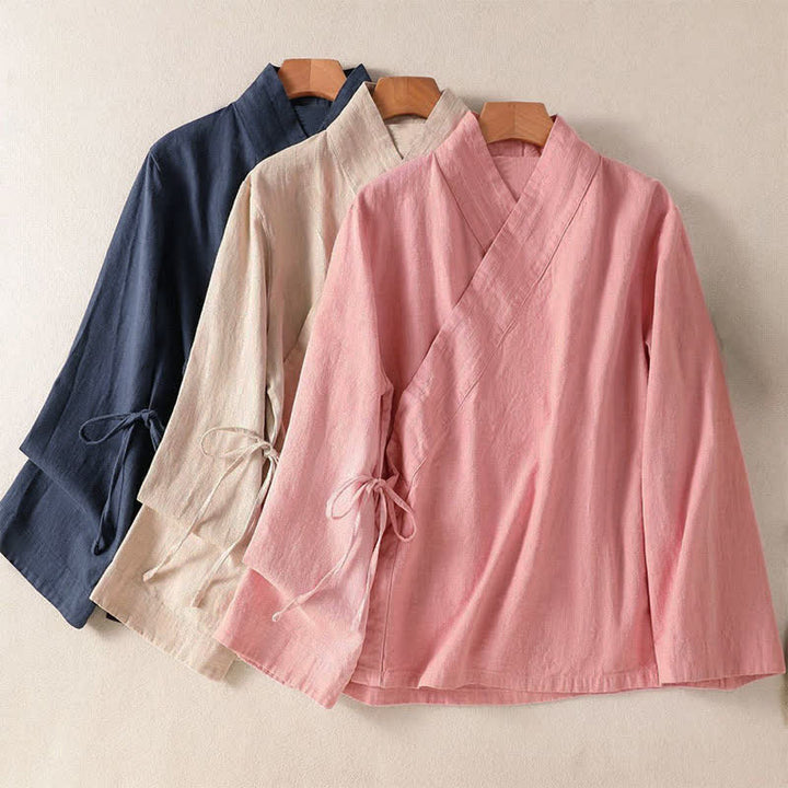 Buddha Stones Lässiges Langarmshirt im Tang-Stil für Damen, einfarbig, mit V-Ausschnitt und Kordelzug, ideal für Frühling und Sommer. - image 20