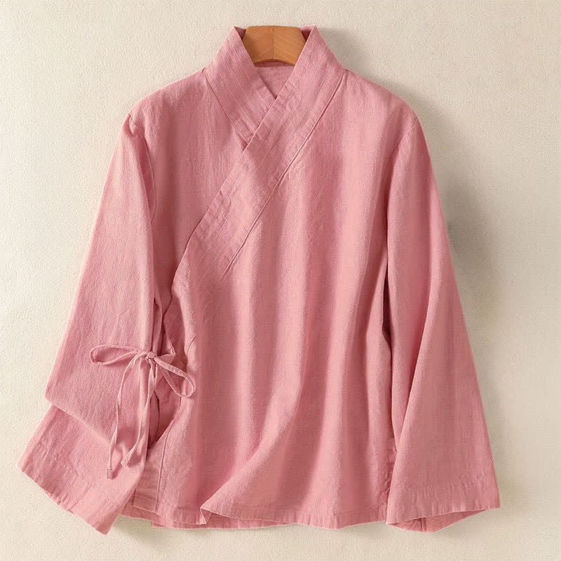 Buddha Stones Lässiges Langarmshirt im Tang-Stil für Damen, einfarbig, mit V-Ausschnitt und Kordelzug, ideal für Frühling und Sommer. - Hellrosa - US12, UK/AU16, EU44 (3XL) - image 6