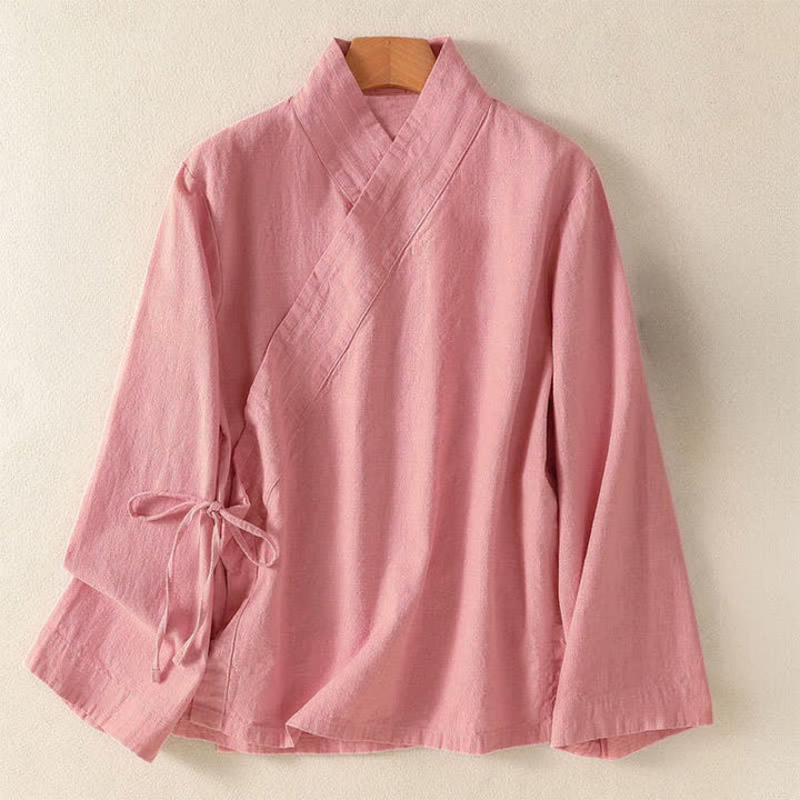 Buddha Stones Lässiges Langarmshirt im Tang-Stil für Damen, einfarbig, mit V-Ausschnitt und Kordelzug, ideal für Frühling und Sommer. - Hellrosa - US12, UK/AU16, EU44 (3XL) - image 6