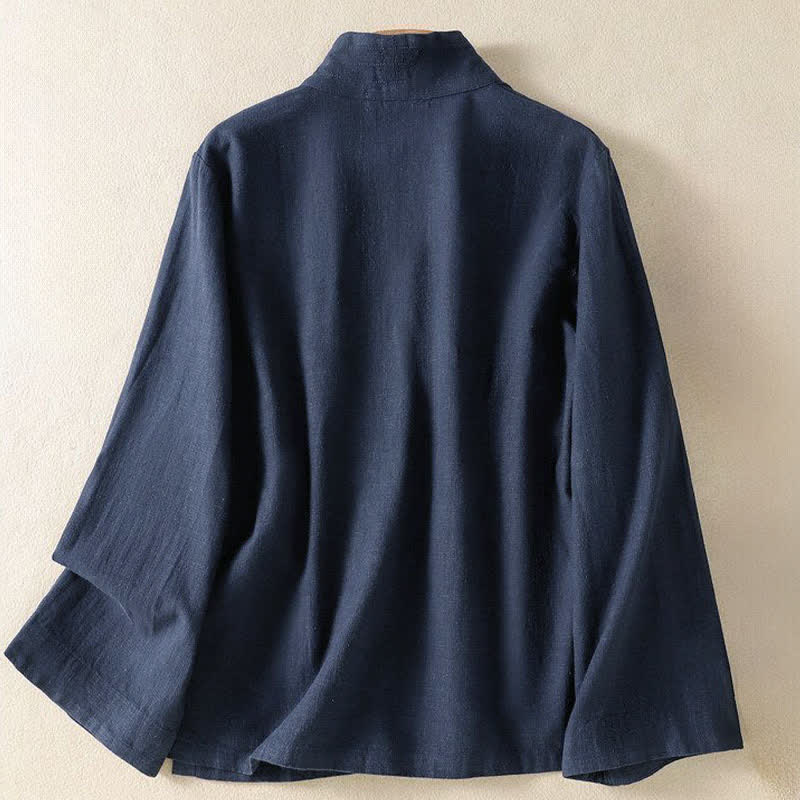 Buddha Stones Lässiges Langarmshirt im Tang-Stil für Damen, einfarbig, mit V-Ausschnitt und Kordelzug, ideal für Frühling und Sommer. - image 1