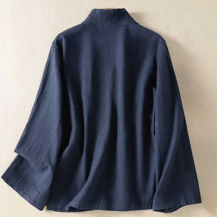 Buddha Stones Lässiges Langarmshirt im Tang-Stil für Damen, einfarbig, mit V-Ausschnitt und Kordelzug, ideal für Frühling und Sommer. - image 1