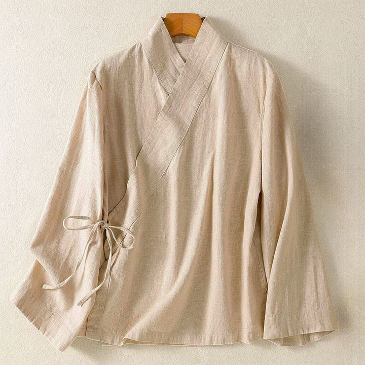 Buddha Stones Lässiges Langarmshirt im Tang-Stil für Damen, einfarbig, mit V-Ausschnitt und Kordelzug, ideal für Frühling und Sommer. - Antikweiß - US12, UK/AU16, EU44 (3XL) - image 14