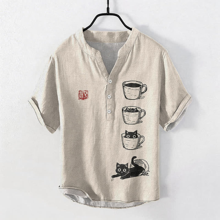 Buddha Stones Herrenhemd aus Baumwolle mit Katzenmuster, kurzen Ärmeln und halber Knopfleiste - Beige - US/ UK/AU50, EU60 (5XL) - image 0