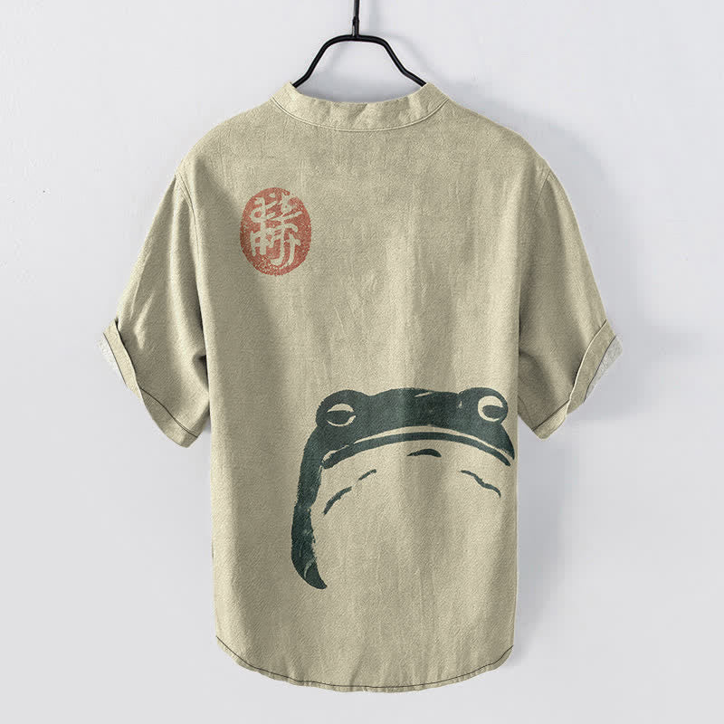 Buddha Stones Baumwollhemd im Vintage-Stil mit Frosch- und Robbenmuster, kurzärmelig, halbe Knopfleiste, für Herren - image 1