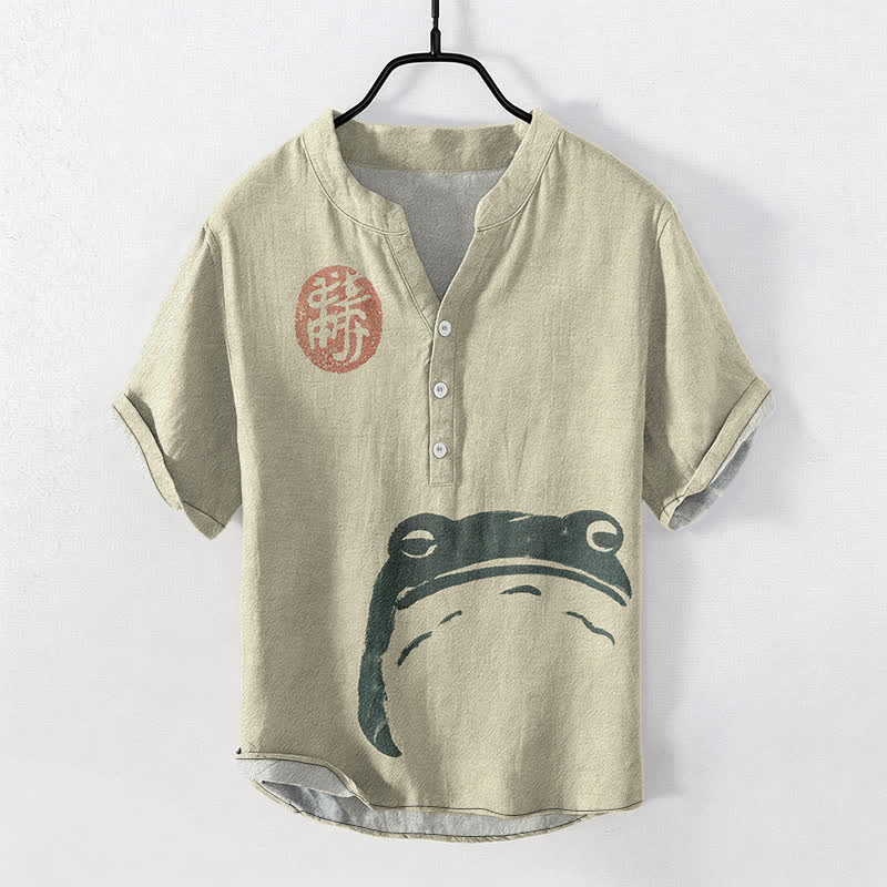 Buddha Stones Baumwollhemd im Vintage-Stil mit Frosch- und Robbenmuster, kurzärmelig, halbe Knopfleiste, für Herren - Beige - US/ UK/AU50, EU60 (5XL) - image 0