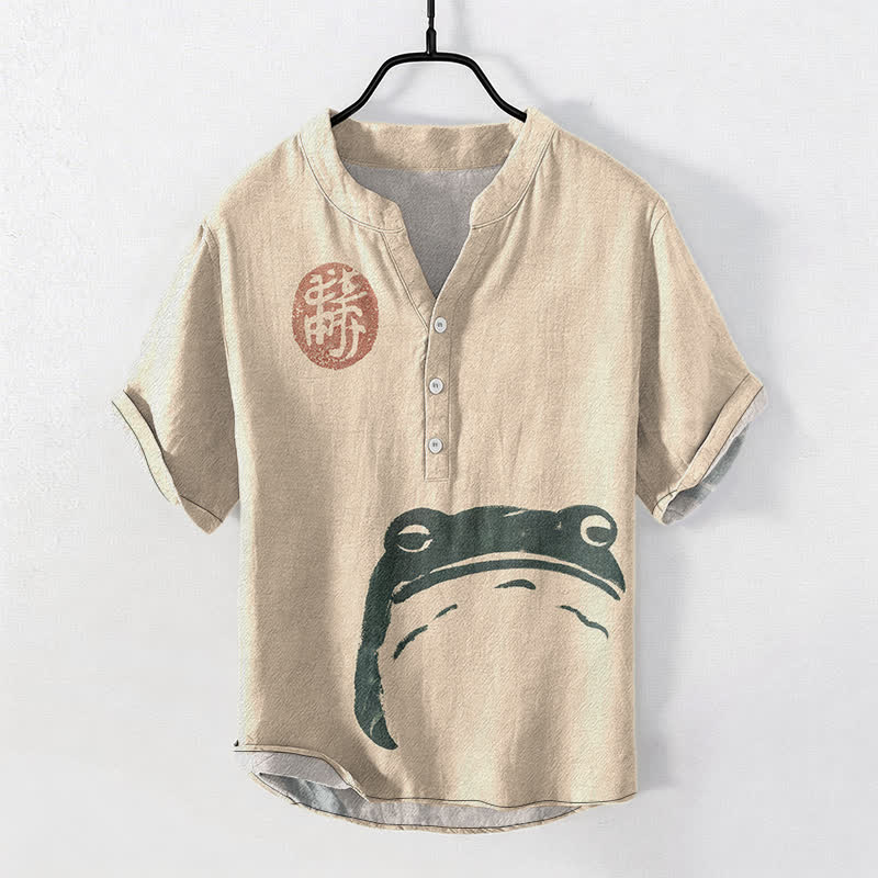 Buddha Stones Baumwollhemd im Vintage-Stil mit Frosch- und Robbenmuster, kurzärmelig, halbe Knopfleiste, für Herren - Weizen - US/ UK/AU50, EU60 (5XL) - image 5