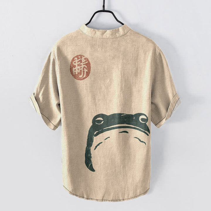 Buddha Stones Baumwollhemd im Vintage-Stil mit Frosch- und Robbenmuster, kurzärmelig, halbe Knopfleiste, für Herren - image 6
