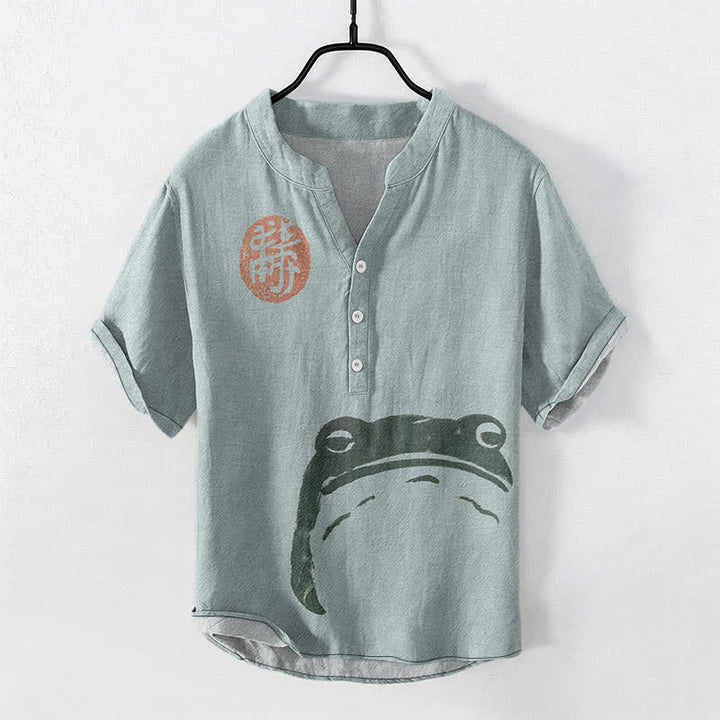 Buddha Stones Baumwollhemd im Vintage-Stil mit Frosch- und Robbenmuster, kurzärmelig, halbe Knopfleiste, für Herren - Kadettenblau - US/ UK/AU50, EU60 (5XL) - image 7