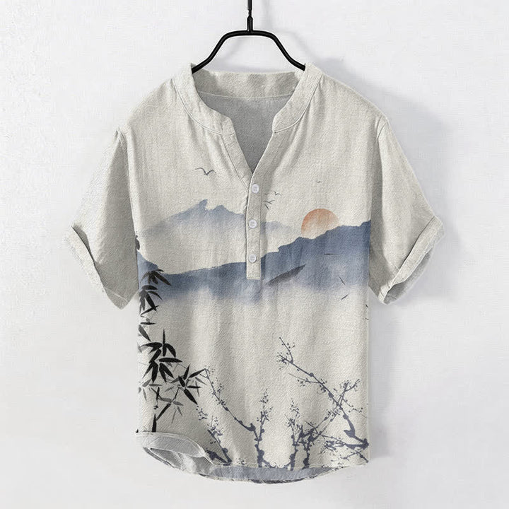 Buddha Stones Herren-Kurzarmhemd aus Baumwolle mit Berg- und Sonnenmuster, halber Knopfleiste - Beige - US/ UK/AU50, EU60 (5XL) - image 0