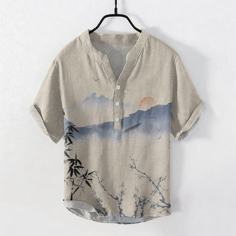 Buddha Stones Herren-Kurzarmhemd aus Baumwolle mit Berg- und Sonnenmuster, halber Knopfleiste - Bräunen - US/ UK/AU50, EU60 (5XL) - image 3