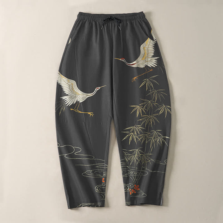 Buddha Stones Herrenhose aus reiner Baumwolle mit Kranich-, Bambus- und Wellenmuster, Kordelzug, schmal zulaufendem Schnitt und Taschen - image 2