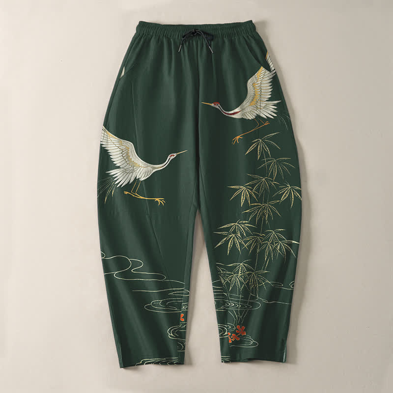 Buddha Stones Herrenhose aus reiner Baumwolle mit Kranich-, Bambus- und Wellenmuster, Kordelzug, schmal zulaufendem Schnitt und Taschen - image 13
