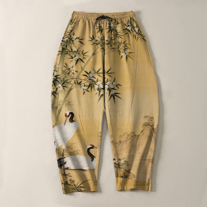 Buddha Stones Herrenhose aus reiner Baumwolle mit Kranich- und Bambus-Landschaftsmuster, Kordelzug, schmal zulaufendem Schnitt und Taschen - image 2