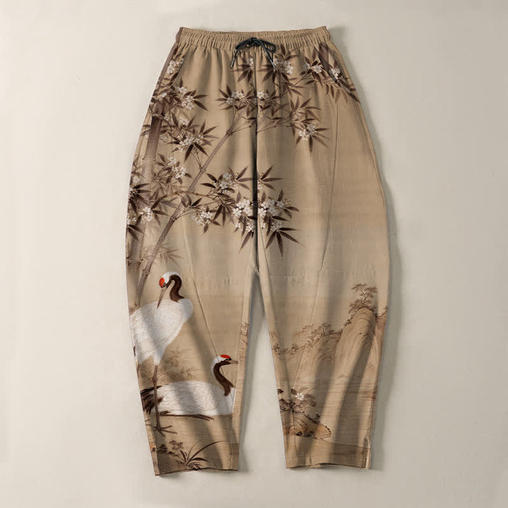 Buddha Stones Herrenhose aus reiner Baumwolle mit Kranich- und Bambus-Landschaftsmuster, Kordelzug, schmal zulaufendem Schnitt und Taschen - image 9