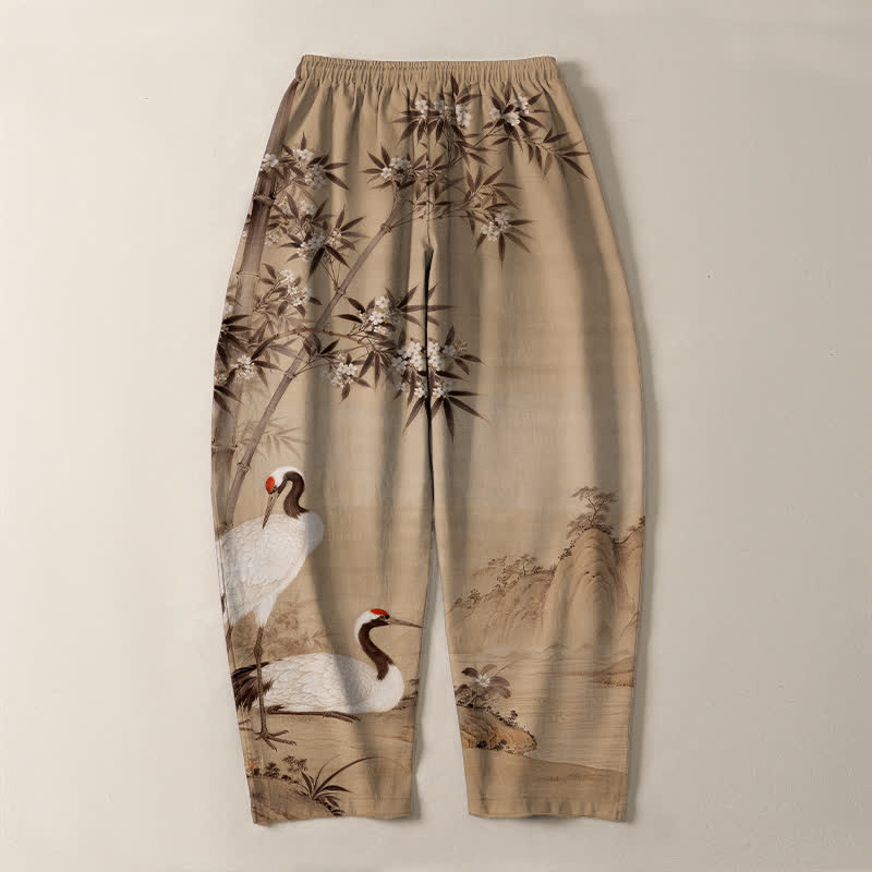 Buddha Stones Herrenhose aus reiner Baumwolle mit Kranich- und Bambus-Landschaftsmuster, Kordelzug, schmal zulaufendem Schnitt und Taschen - image 10