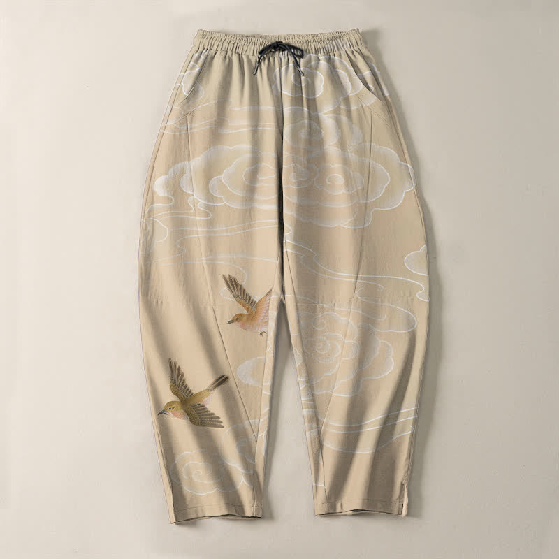 Buddha Stones Herrenhose aus reiner Baumwolle mit Kordelzug, schmal zulaufendem Bein und Taschen, verziert mit dem glückverheißenden Wolkenvogelmuster. - image 2