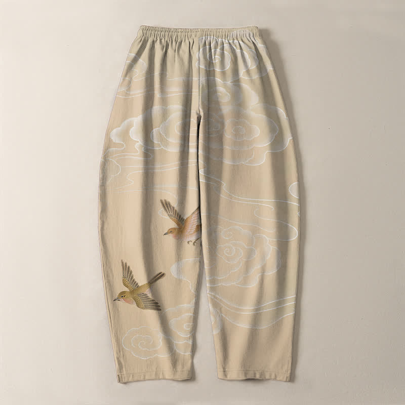 Buddha Stones Herrenhose aus reiner Baumwolle mit Kordelzug, schmal zulaufendem Bein und Taschen, verziert mit dem glückverheißenden Wolkenvogelmuster. - image 3