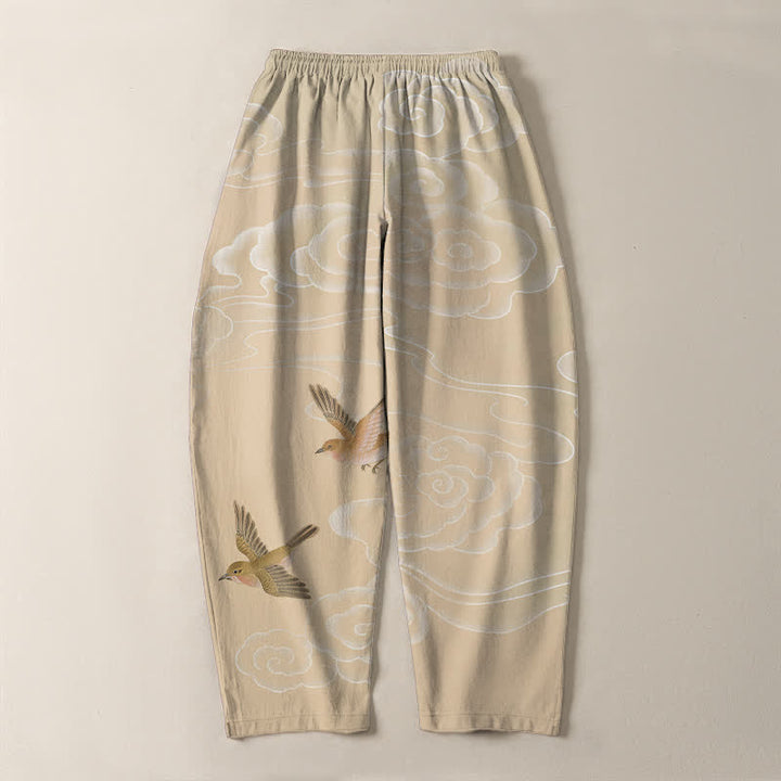 Buddha Stones Herrenhose aus reiner Baumwolle mit Kordelzug, schmal zulaufendem Bein und Taschen, verziert mit dem glückverheißenden Wolkenvogelmuster. - image 3