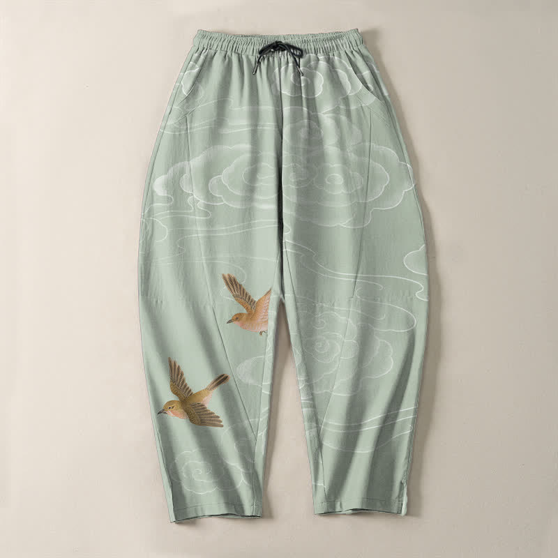 Buddha Stones Herrenhose aus reiner Baumwolle mit Kordelzug, schmal zulaufendem Bein und Taschen, verziert mit dem glückverheißenden Wolkenvogelmuster. - image 13