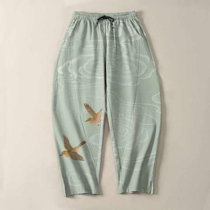 Buddha Stones Herrenhose aus reiner Baumwolle mit Kordelzug, schmal zulaufendem Bein und Taschen, verziert mit dem glückverheißenden Wolkenvogelmuster. - image 13