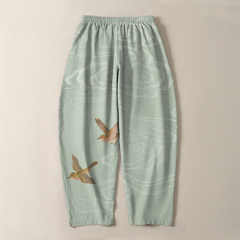 Buddha Stones Herrenhose aus reiner Baumwolle mit Kordelzug, schmal zulaufendem Bein und Taschen, verziert mit dem glückverheißenden Wolkenvogelmuster. - image 14