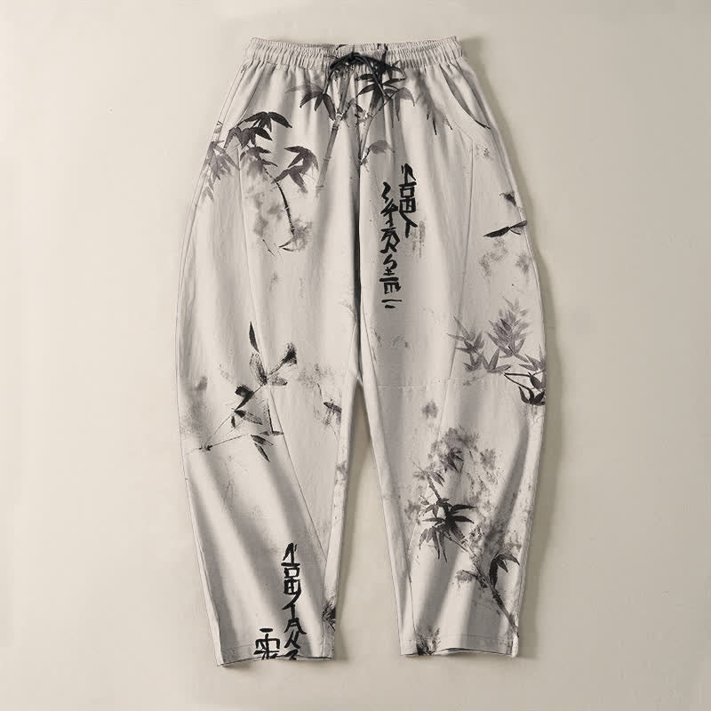 Buddha Stones Herrenhose aus reiner Baumwolle mit Bambus-Kalligrafiemuster, Kordelzug und Taschen - image 2