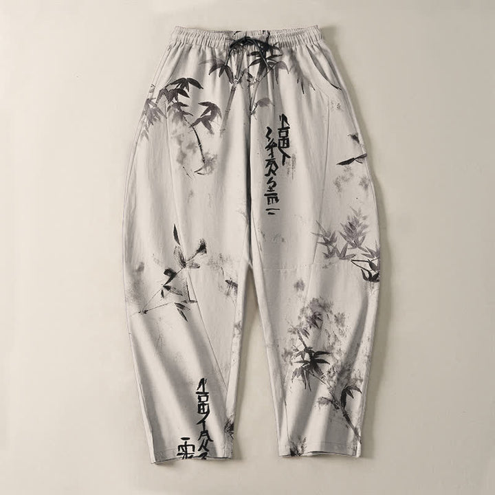 Buddha Stones Herrenhose aus reiner Baumwolle mit Bambus-Kalligrafiemuster, Kordelzug und Taschen - image 2