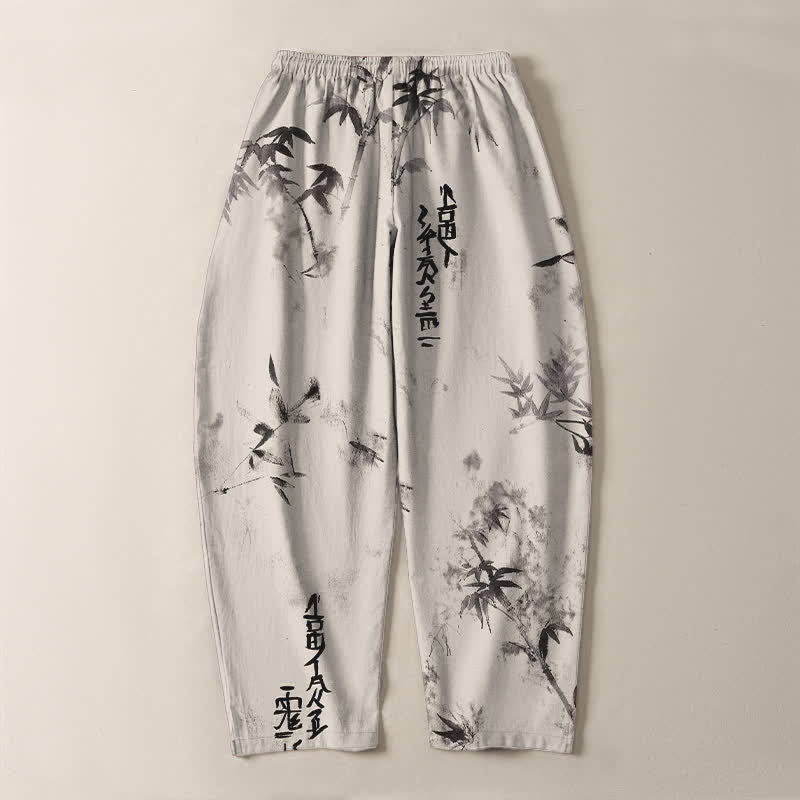 Buddha Stones Herrenhose aus reiner Baumwolle mit Bambus-Kalligrafiemuster, Kordelzug und Taschen - image 3