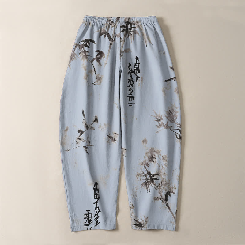 Buddha Stones Herrenhose aus reiner Baumwolle mit Bambus-Kalligrafiemuster, Kordelzug und Taschen - image 10