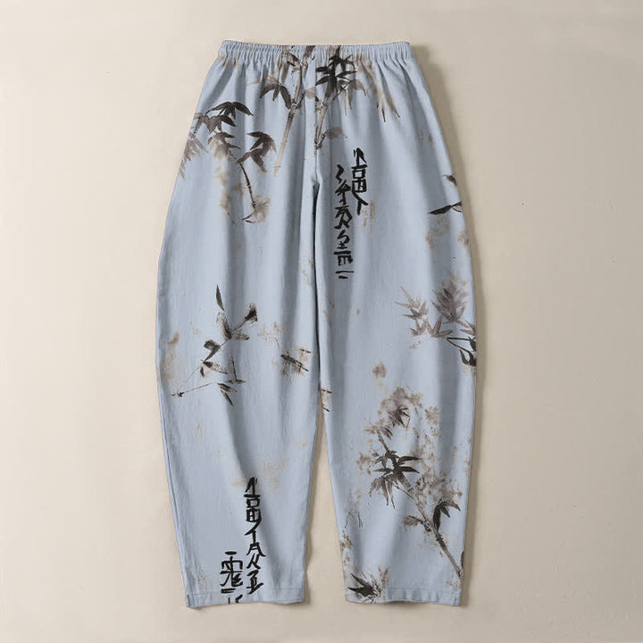 Buddha Stones Herrenhose aus reiner Baumwolle mit Bambus-Kalligrafiemuster, Kordelzug und Taschen - image 10
