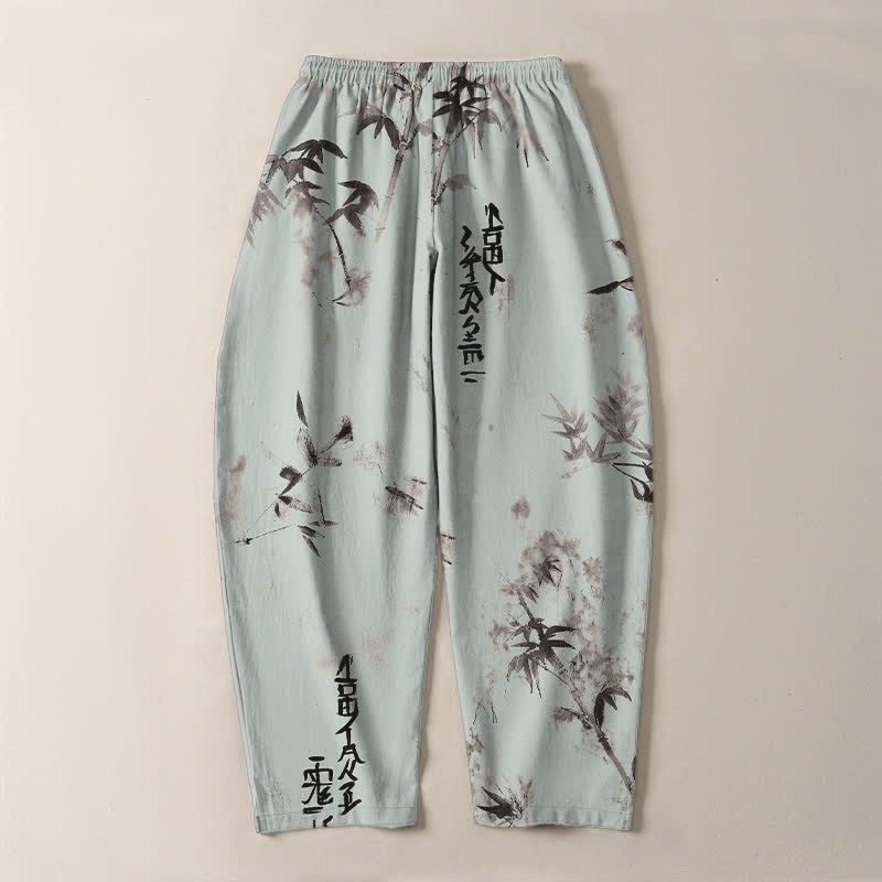 Buddha Stones Herrenhose aus reiner Baumwolle mit Bambus-Kalligrafiemuster, Kordelzug und Taschen - image 14