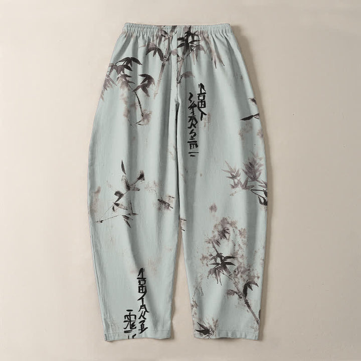 Buddha Stones Herrenhose aus reiner Baumwolle mit Bambus-Kalligrafiemuster, Kordelzug und Taschen - image 14