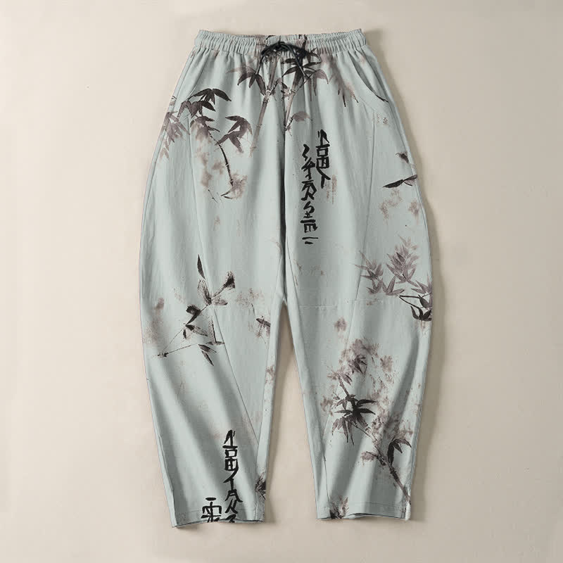 Buddha Stones Herrenhose aus reiner Baumwolle mit Bambus-Kalligrafiemuster, Kordelzug und Taschen - image 13