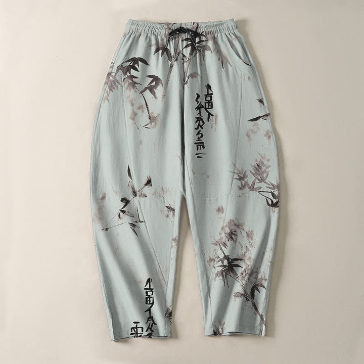 Buddha Stones Herrenhose aus reiner Baumwolle mit Bambus-Kalligrafiemuster, Kordelzug und Taschen - image 13