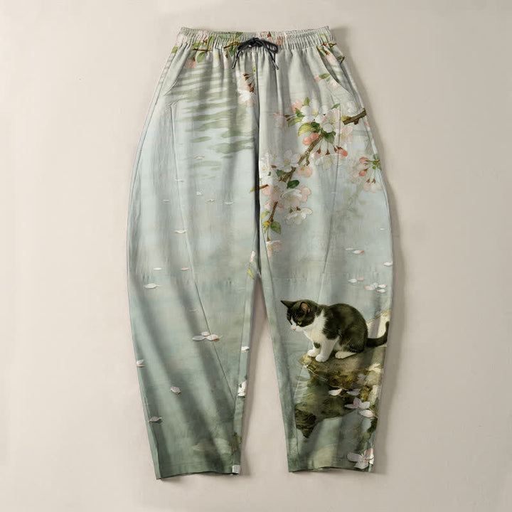 Buddha Stones Herrenhose aus reiner Baumwolle mit Sakura-Katzen-Wasserreflexionsmuster, Kordelzug, schmal zulaufendem Schnitt und Taschen - image 9
