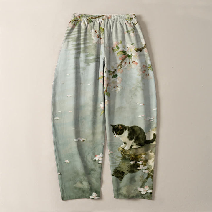 Buddha Stones Herrenhose aus reiner Baumwolle mit Sakura-Katzen-Wasserreflexionsmuster, Kordelzug, schmal zulaufendem Schnitt und Taschen - image 10