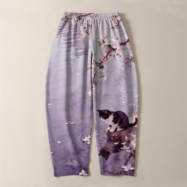Buddha Stones Herrenhose aus reiner Baumwolle mit Sakura-Katzen-Wasserreflexionsmuster, Kordelzug, schmal zulaufendem Schnitt und Taschen - image 14