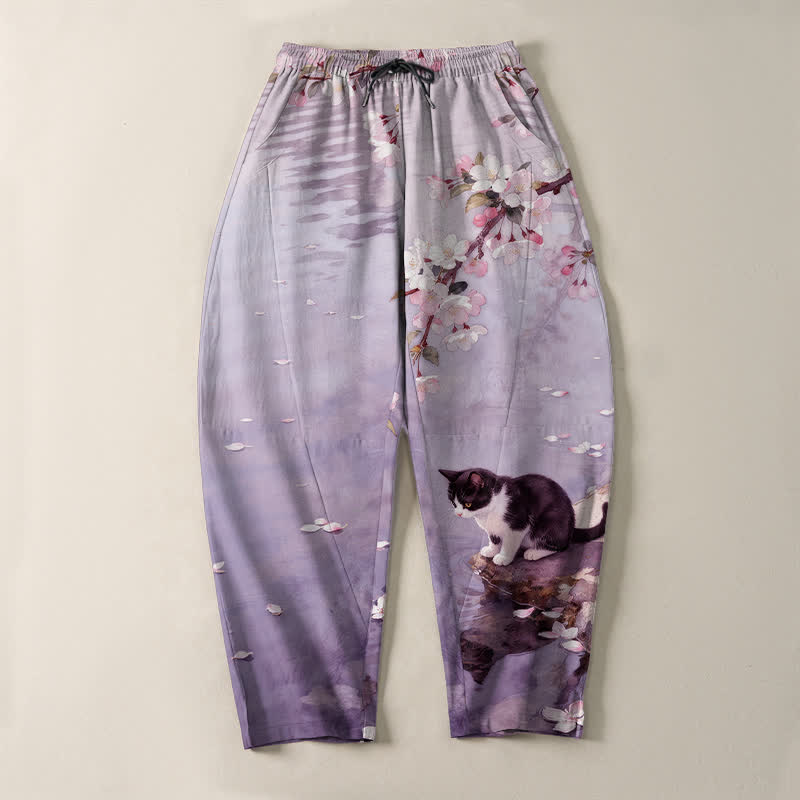 Buddha Stones Herrenhose aus reiner Baumwolle mit Sakura-Katzen-Wasserreflexionsmuster, Kordelzug, schmal zulaufendem Schnitt und Taschen - image 13