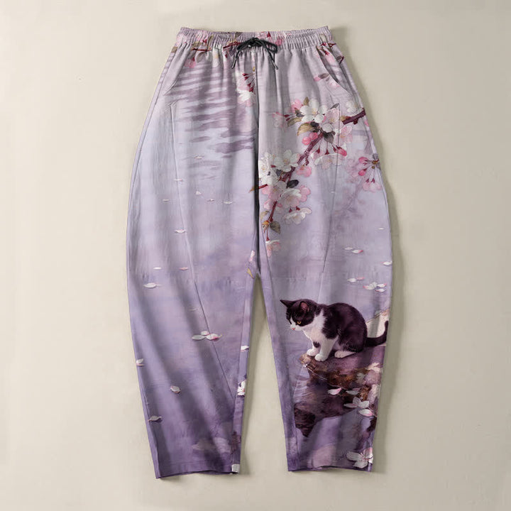 Buddha Stones Herrenhose aus reiner Baumwolle mit Sakura-Katzen-Wasserreflexionsmuster, Kordelzug, schmal zulaufendem Schnitt und Taschen - image 13
