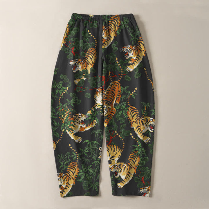 Buddha Stones Herrenhose aus reiner Baumwolle mit Tiger- und Bambusblattmuster, Kordelzug, schmal zulaufendem Schnitt und Taschen - image 3
