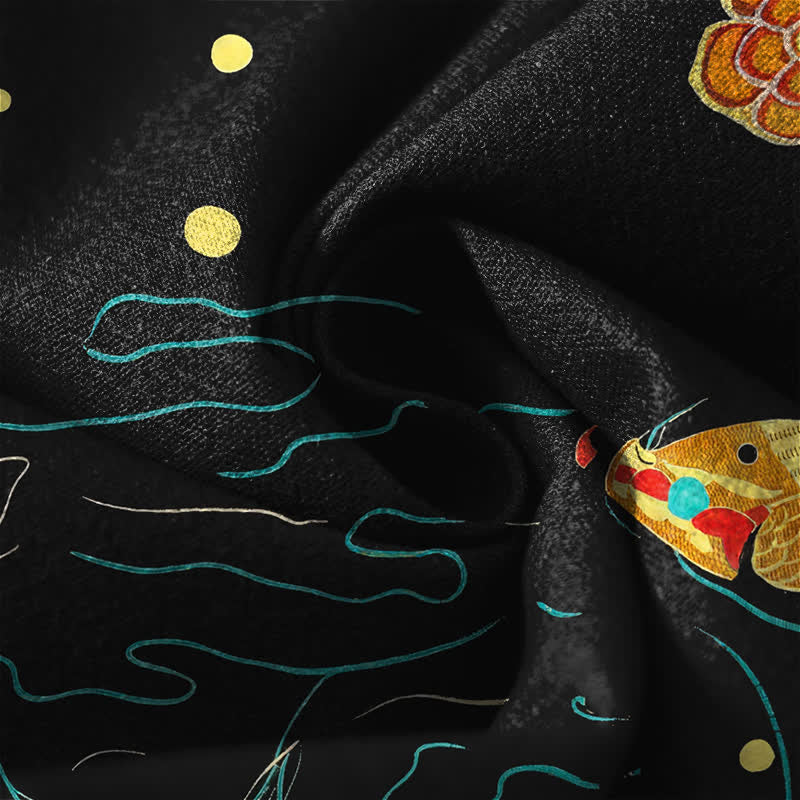 Buddha Stones Herrenhose aus reiner Baumwolle mit goldenem Koi-Lotus-Wellenmuster, Kordelzug und Taschen - image 6