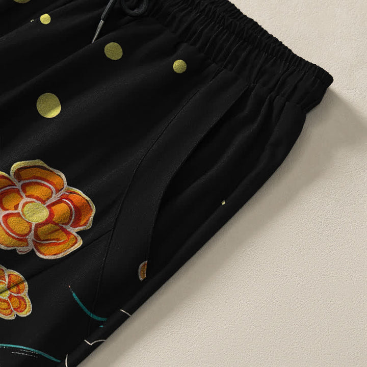 Buddha Stones Herrenhose aus reiner Baumwolle mit goldenem Koi-Lotus-Wellenmuster, Kordelzug und Taschen - image 4