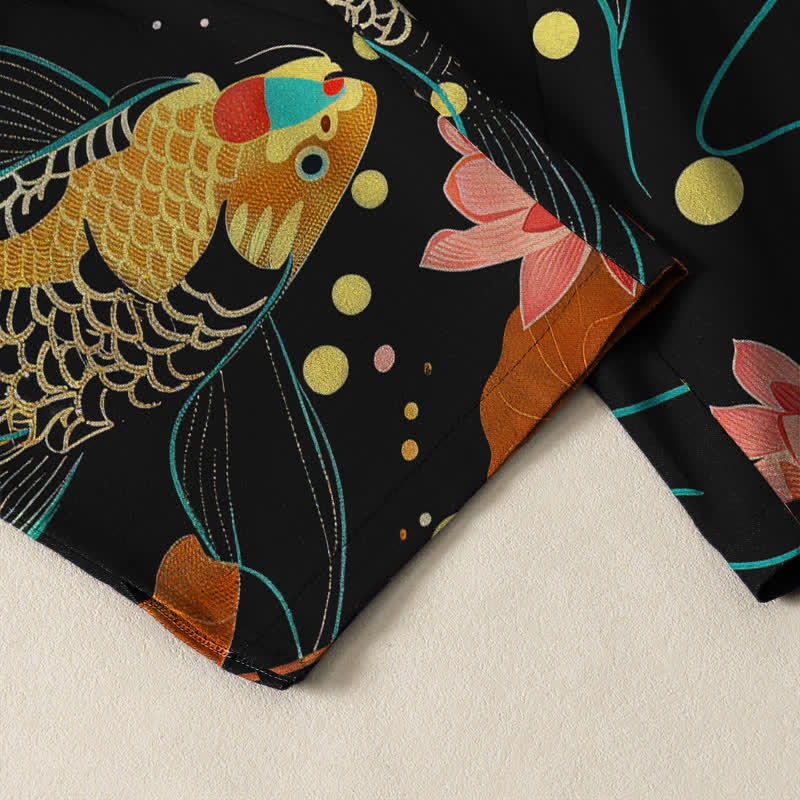 Buddha Stones Herrenhose aus reiner Baumwolle mit goldenem Koi-Lotus-Wellenmuster, Kordelzug und Taschen - image 5