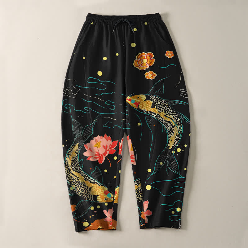 Buddha Stones Herrenhose aus reiner Baumwolle mit goldenem Koi-Lotus-Wellenmuster, Kordelzug und Taschen - image 2