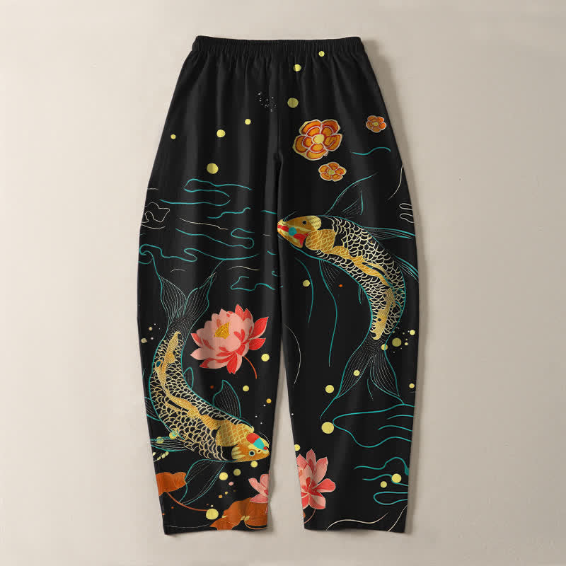 Buddha Stones Herrenhose aus reiner Baumwolle mit goldenem Koi-Lotus-Wellenmuster, Kordelzug und Taschen - image 3